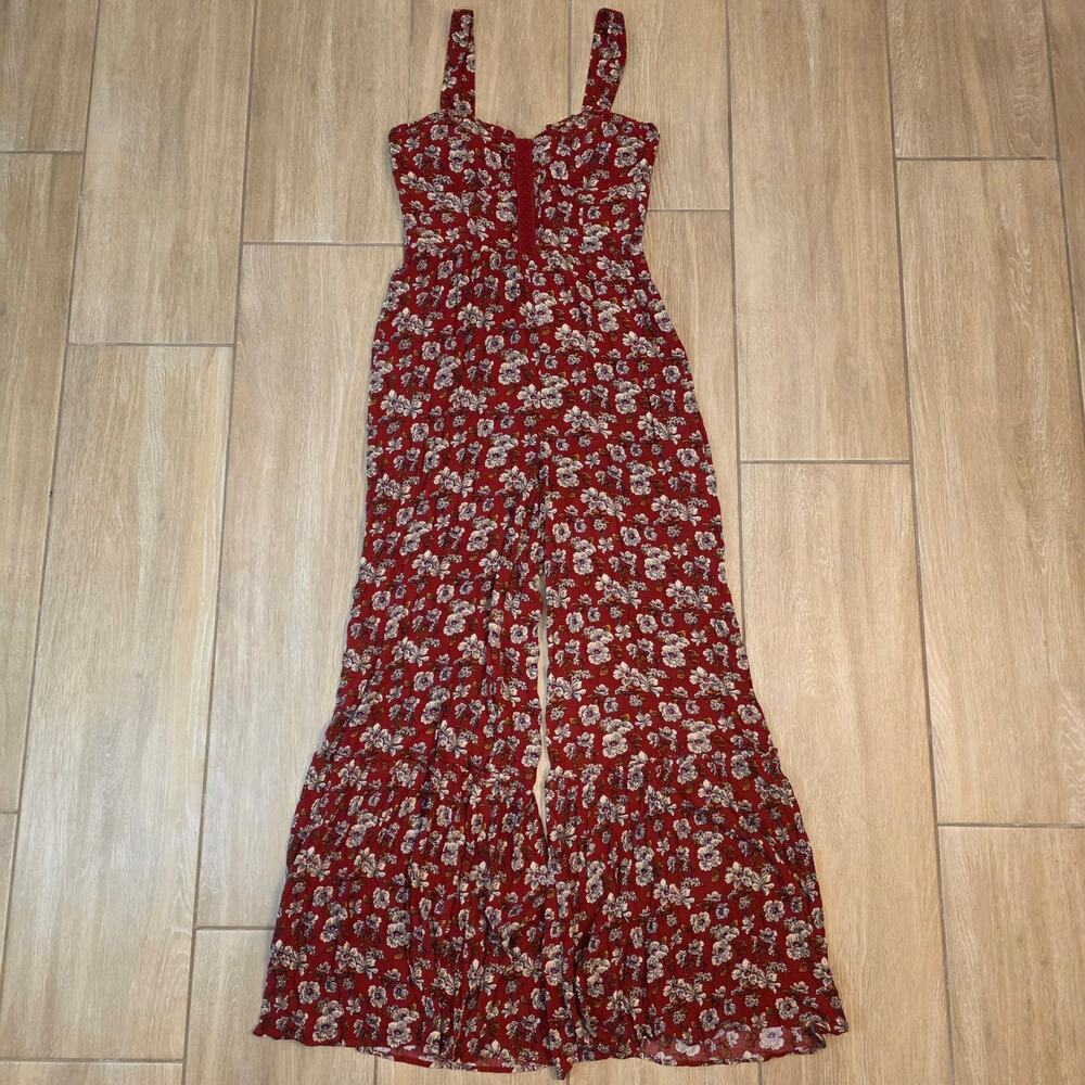 NWT American Eagle Floral Jumpsuit Womens 4 Red Wide Leg Maxi Boho